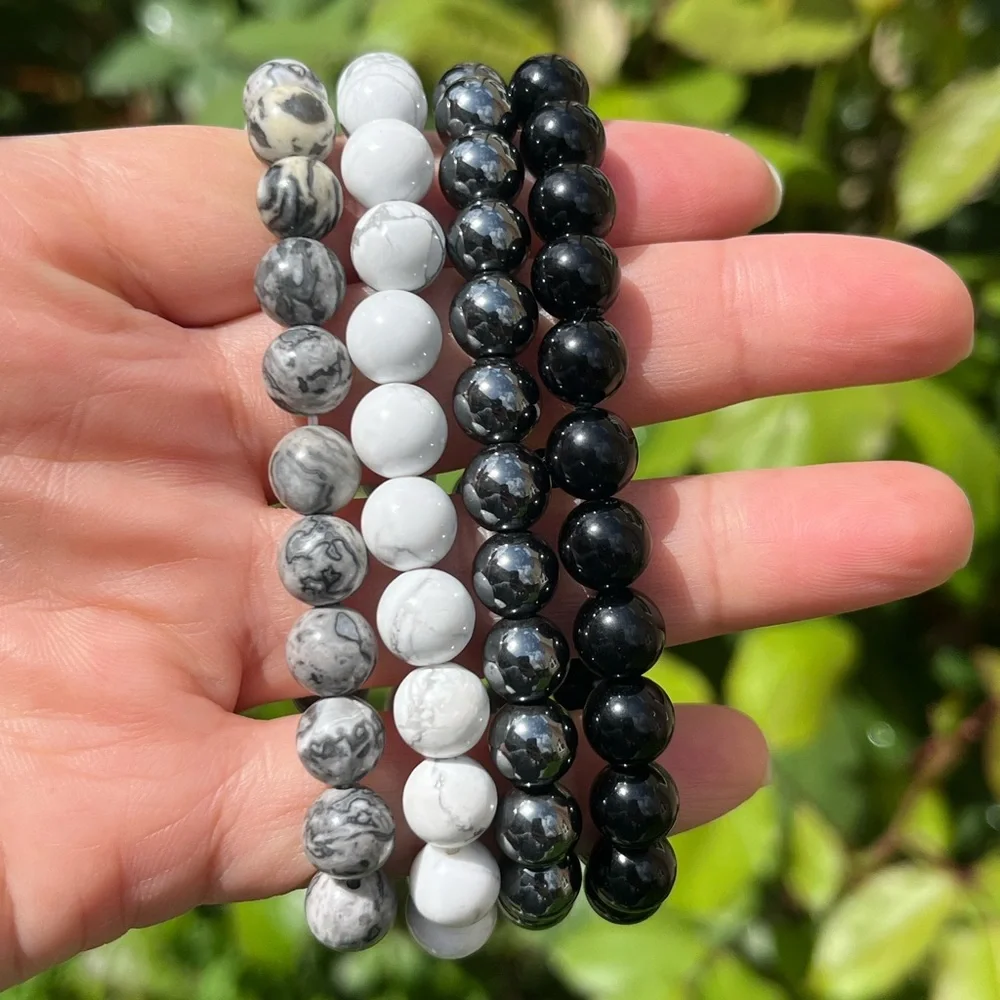 8mm stretchable black white‎ crystal bracelet set